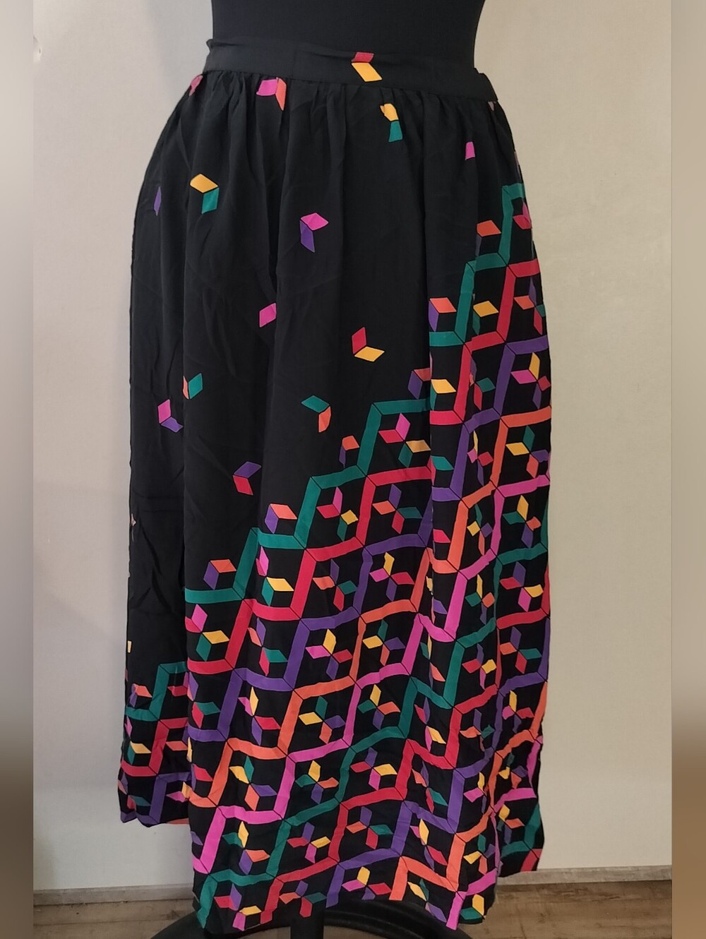 Black Maxi Skirt with Multicolor Geometric Print